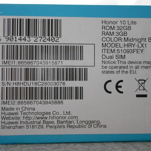 Honor 10 Lite 3GB 32GB used, black