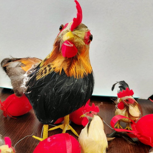 Decorative Easter hens, chicks and red eggs like new