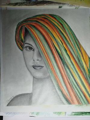 Girl with Scarf Drawing with Watercolor Pencils, New