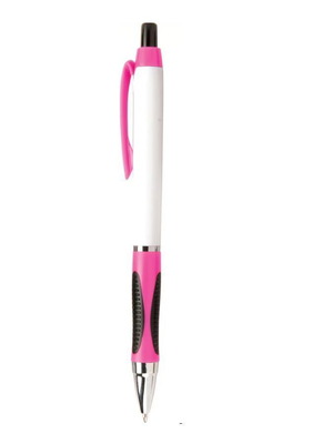 Pen with pink and silver clip and blue ink