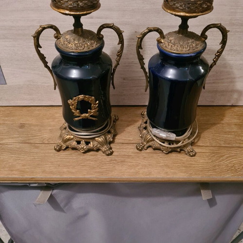French table lamps pair used, porcelain and brass dark blue