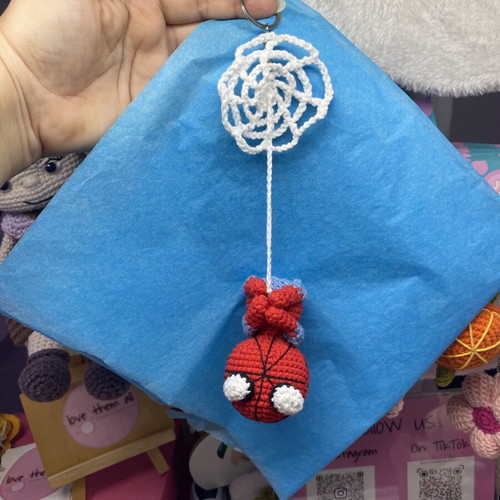 Knitted Spider Man car hanging decoration with metal keychain
