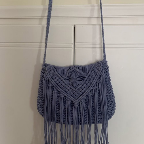 Boho Handmade Macrame Shoulder Bag like new, blue with lining and fringes