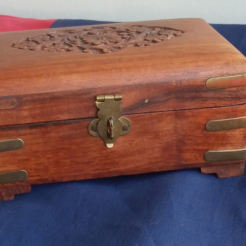 Wooden jewelry box vintage handmade, used, rosewood with brass details