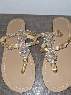 Leather sandals new, gold with iridescent rhinestones