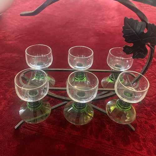 Vintage metal stand with six hanging liqueur glasses like new