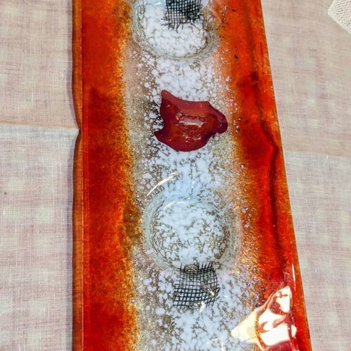 Handmade fused glass rectangular tray with candle holders