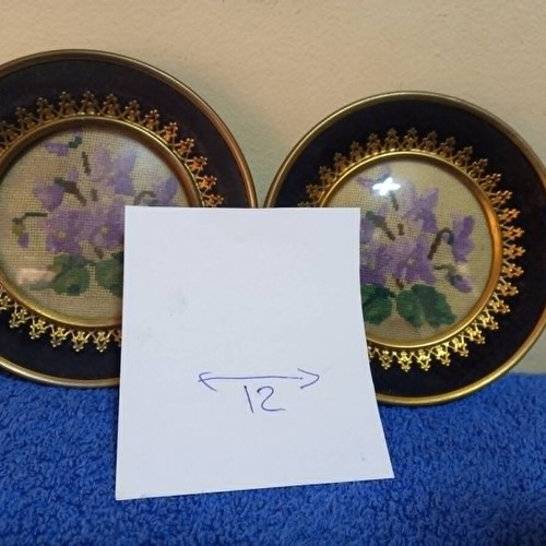 Embroidery set used, 2 pieces with vintage brass round frames