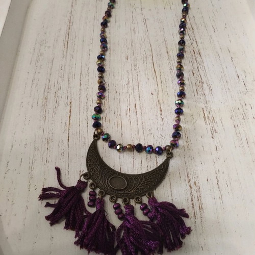 Purple long necklace with bronze crescent element like new