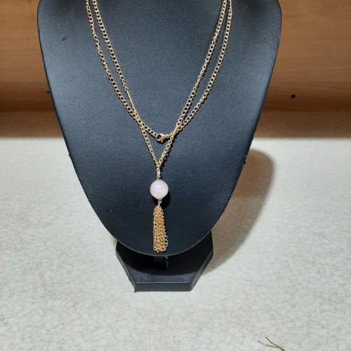 Jewelry set with pink quartz in steel, necklace length 80 cm, new