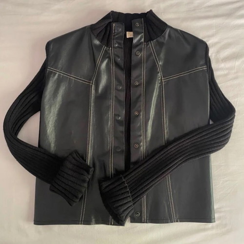 Pinko black leather jacket with white stitching like new size L