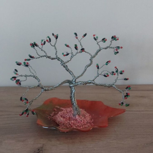 Decorative tree with wire and beads on orange leaf base new