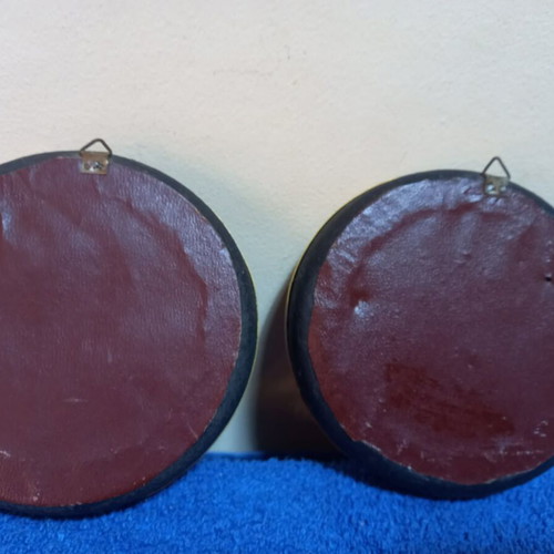 Embroidery set used, 2 pieces with vintage brass round frames