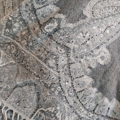 Cotton scarf with sequins in gray shades with paisley motifs, like new