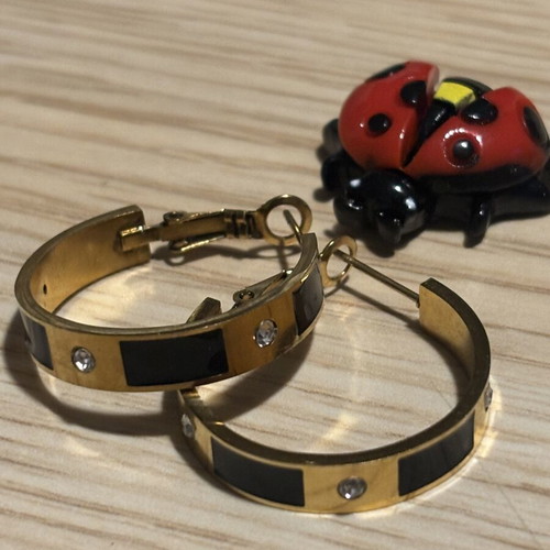 Hoop earrings like new, gold and black with rhinestones