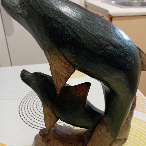 Decorative wooden sculpture of 2 dolphins, dark finish