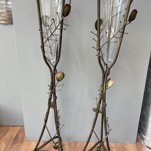 Floor flower stands new, set of 2 metal with glass 87 cm height