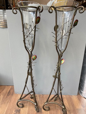 Floor flower stands new, set of 2 metal with glass 87 cm height