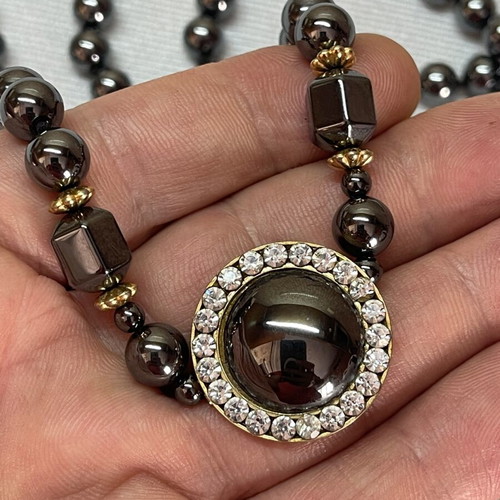 Vintage Hematite Necklace with Rhinestone Pendant like new
