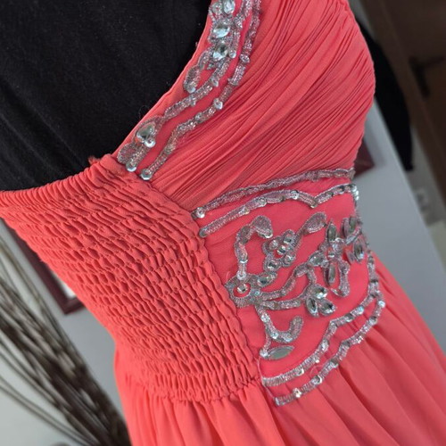 Eva & Lola Evening Dress coral, like new, gift silver sandals