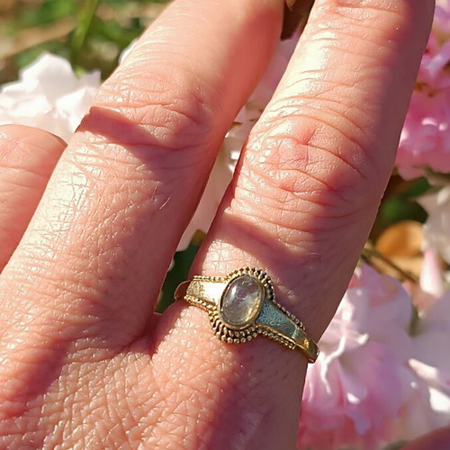 Labradorite brass ring new, adjustable with pink gemstone