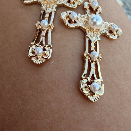 Cross Earrings with Pearls stainless steel, gold, new