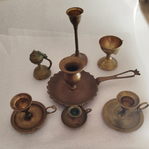 Vintage brass items used, set with 18 cm candlestick