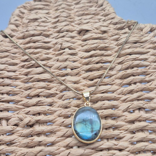 Labradorite Cabochon Brass Necklace with Oval Pendant