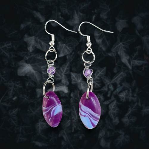Oval earrings new with purple-blue marble effect, hypoallergenic