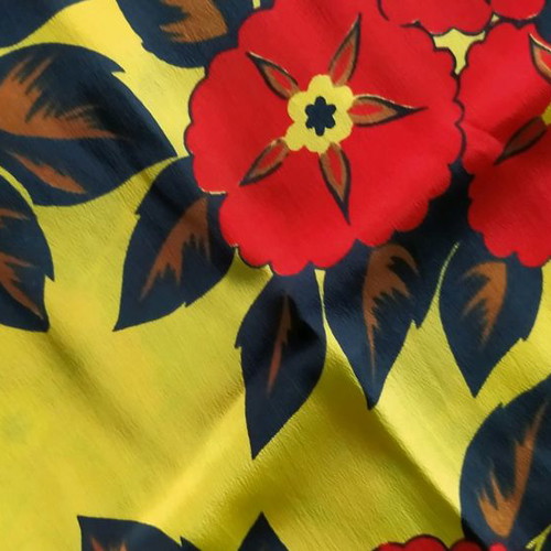Vintage crepe fabric yellow with red flowers 3.2 m and gift white satin