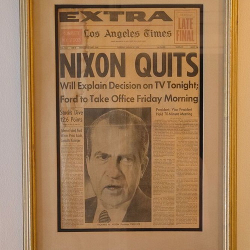 Nixon framed print used with 1975 newspaper and velvet background