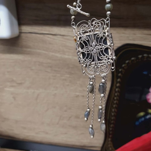 Nougat handmade necklace like new with filigree silver pendant
