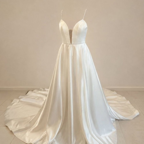 Galliano wedding dress satin with long train and tulle choker veil