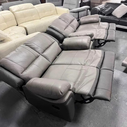 Two-tone gray leather Pluto sofas new with manual reclining mechanism set of two