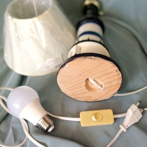 Wooden table lamp lighthouse with new lampshade and LED bulb like new