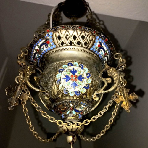 Silver-plated lamp used with cloisonné details, 50 years old