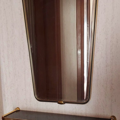 Vintage hanging wall shelf used with black glass and brass