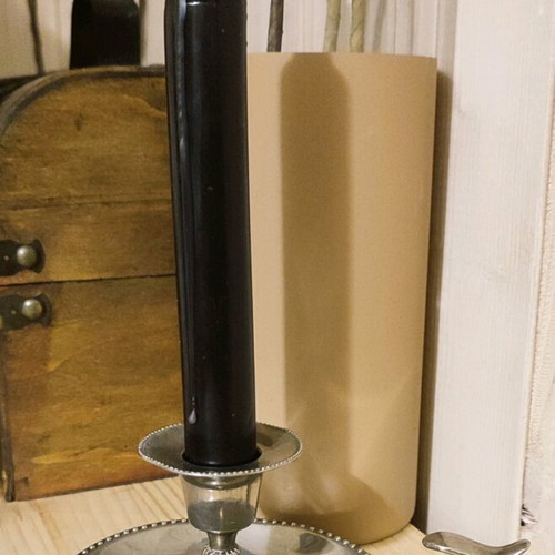 Vintage candlesticks used, set of three, including silver-plated blaker