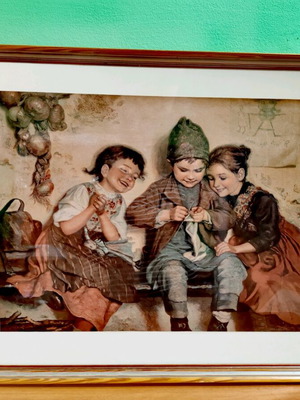Antique painting like new, "Knitting Lesson" print copy with wooden frame