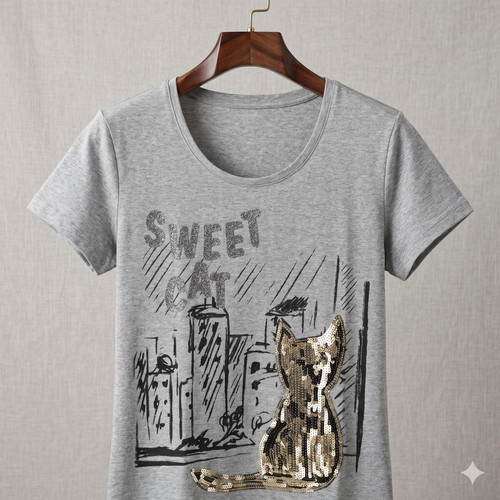 T-shirt "Sweet Cat" with sequins, grey melange
