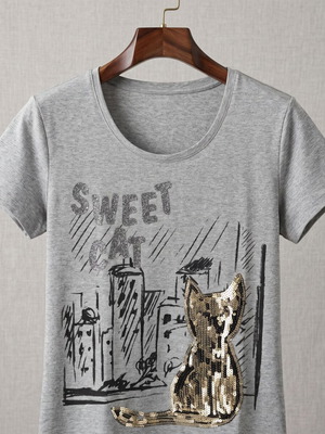 T-shirt "Sweet Cat" with sequins, grey melange
