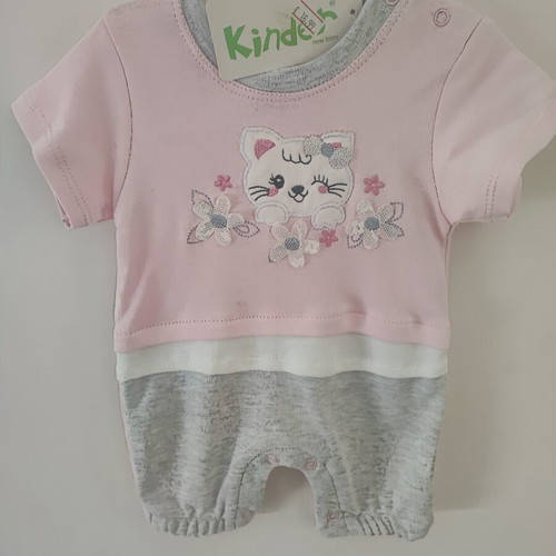 Baby romper “Cat” with pink/grey ribbon, new, size 3-6m