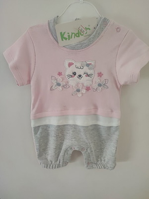 Baby romper “Cat” with pink/grey ribbon, new, size 3-6m