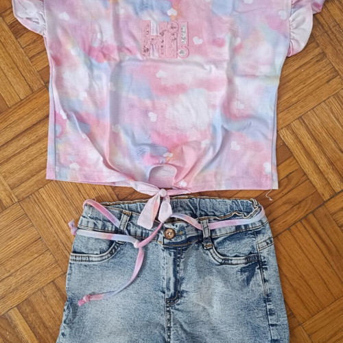 Evita set with colorful heart print top and denim shorts, like new, 6 years