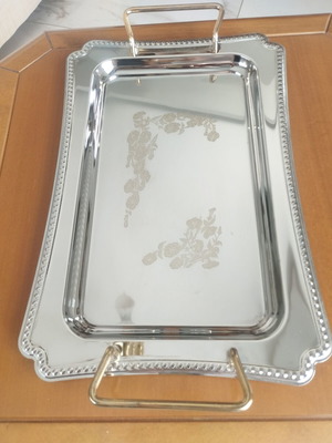 Large Japanese Twin Bird Plate (47cm) - Vintage Inox with Golden Handles