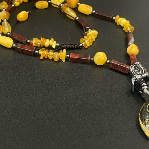Men's choker with amber and red jasper, new