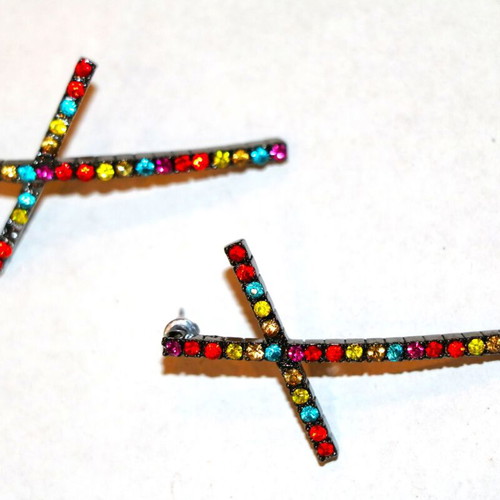 Antique diamond multicolor zirconia cross earrings new 6cm