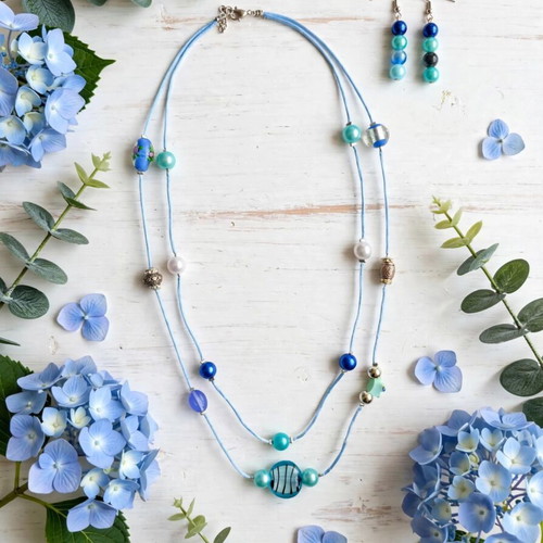 Multi Strand Beaded Necklace and Earrings Handmade Shades of Blue