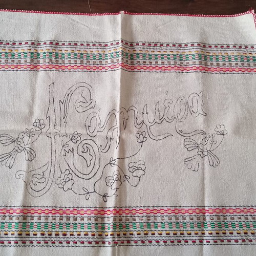 Vintage embroidery saying 'Καλημερα' half complete, used