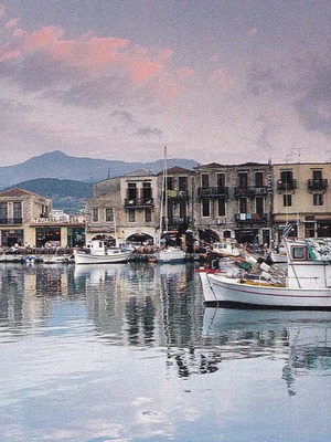 Rethymno Crete postcard used, harbor at dusk 1970